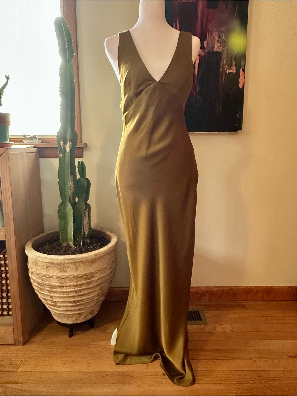 Zara Olive Green V-Neck Maxi Slip Dress